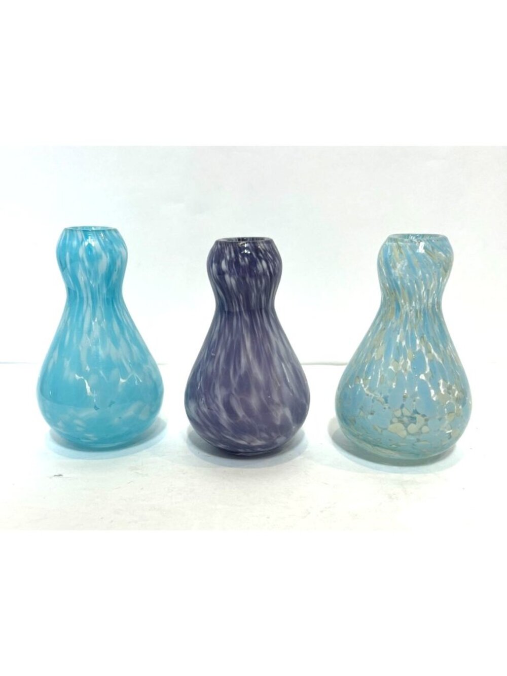 Set Of 3 Handblown Art Glass Studio Bud Vases/Bottles Blue & Purple 5" High